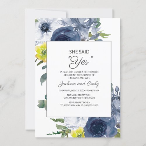 Navy Yellow White Floral She Said Yes Engagement Invitation