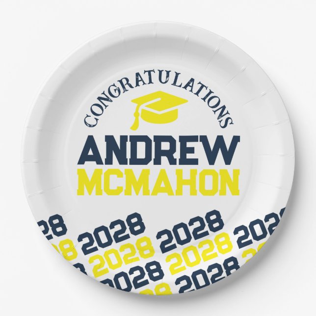 Navy, Yellow & White Personalized Graduation Paper Plates (Front)