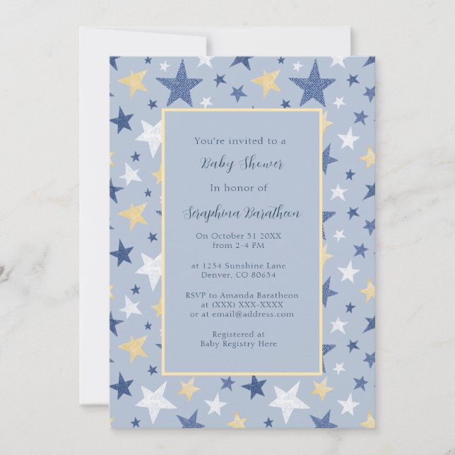 Navy & Yellow Winter Stars Personalized Baby Showe Invitation (Front)