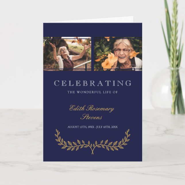 Navy Yellow Wreath Celebrating Life Funeral Program (Front)