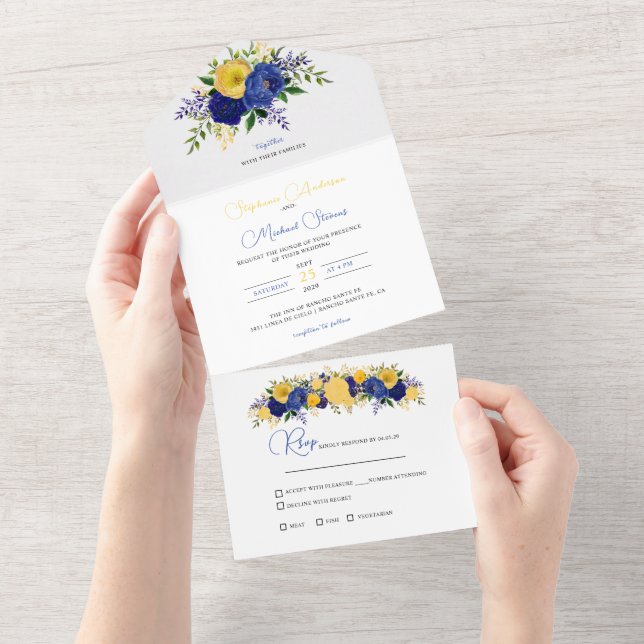 Navy & Yellowish Gold Floral Bouquet All In One Invitation (Tearaway)