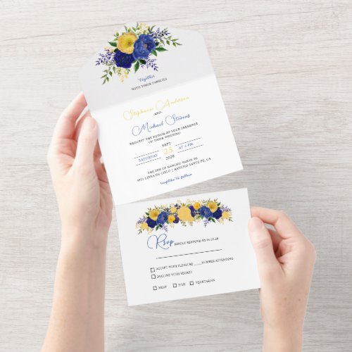 Navy  Yellowish Gold Floral Bouquet All In One Invitation