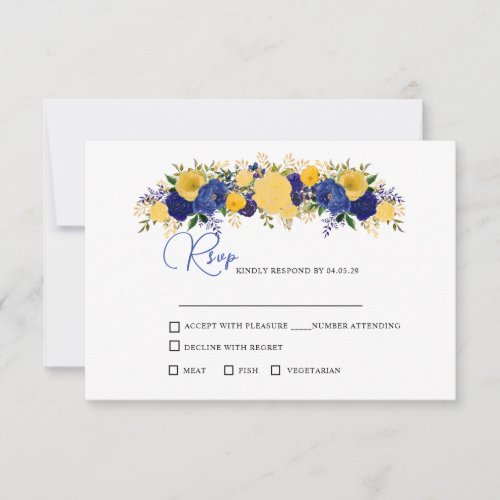 Navy  Yellowish Gold Floral Bouquet Wedding RSVP Card