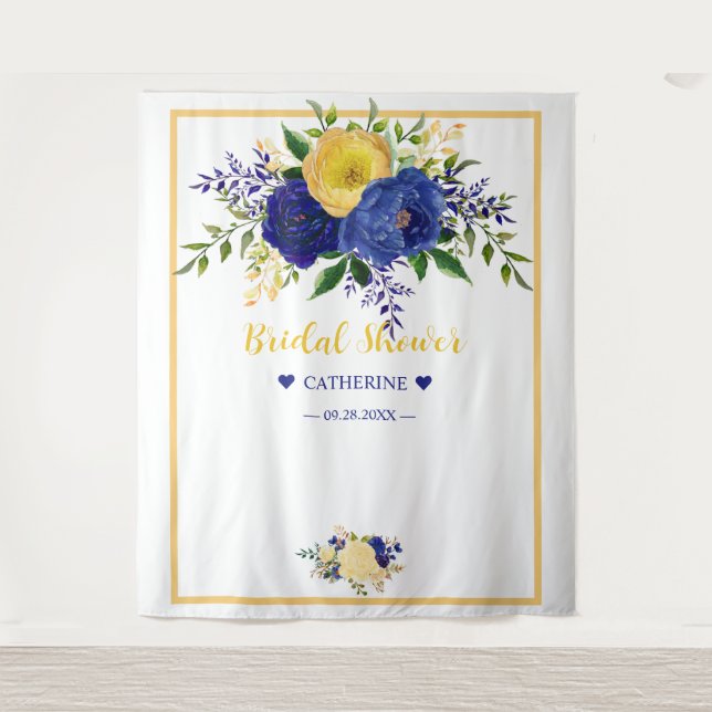Navy Yellowish Gold Floral Bridal Shower Backdrop (Front)