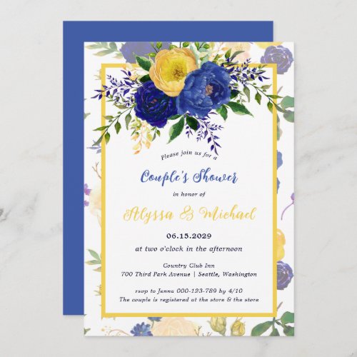 Navy Yellowish Gold Floral Couples Shower Invitation