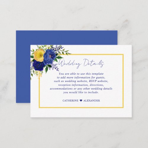 Navy  Yellowish Gold Floral Wedding Details Enclosure Card