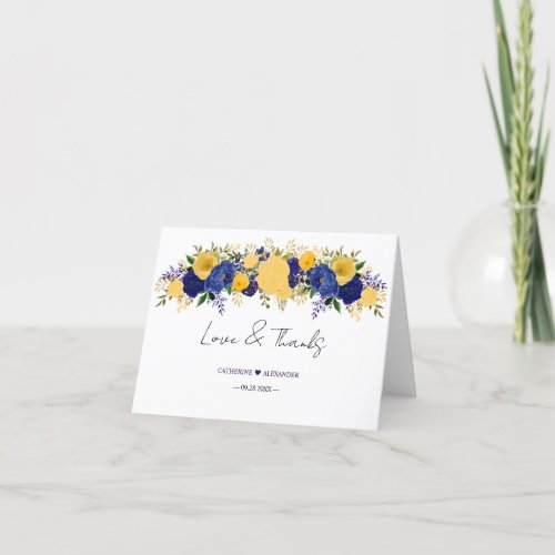 Navy  Yellowish Gold Floral Wedding Photo Thank You Card