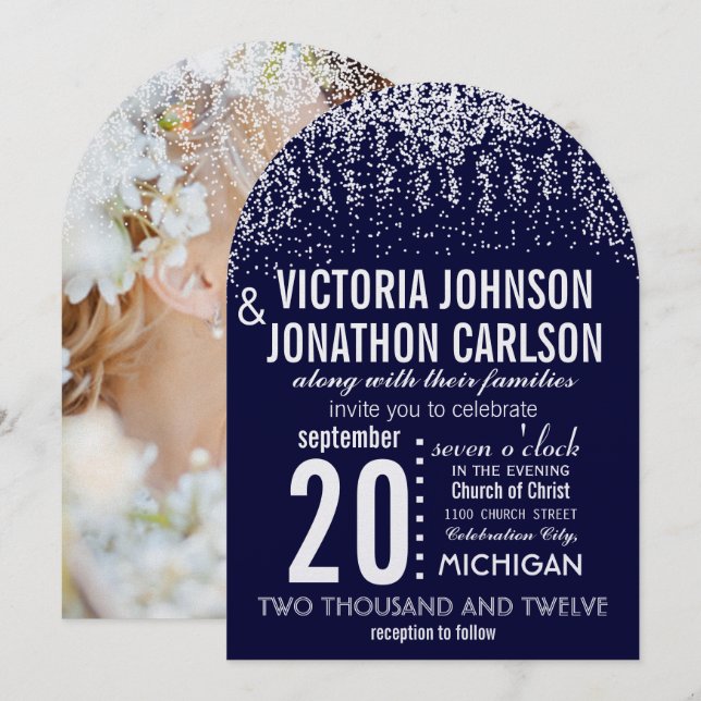 Navy Your Photo Confetti ModernTypography Invitation (Front/Back)