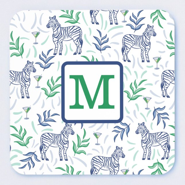 Navy Zebra Martini Monogram Preppy Beverage Coaster (Creator Uploaded)