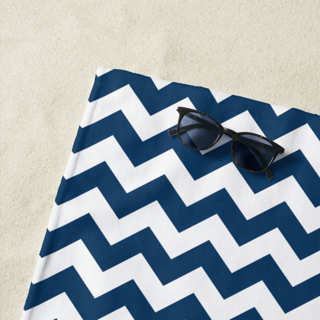 Navy Zigzag, Navy Chevron, Geometric Pattern Beach Towel (In Situ)