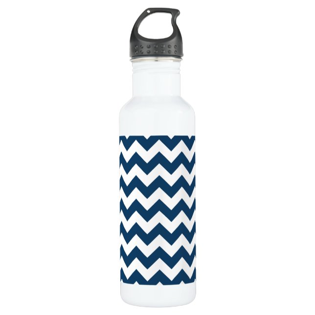 Navy Zigzag, Navy Chevron, Geometric Pattern Stainless Steel Water Bottle (Front)