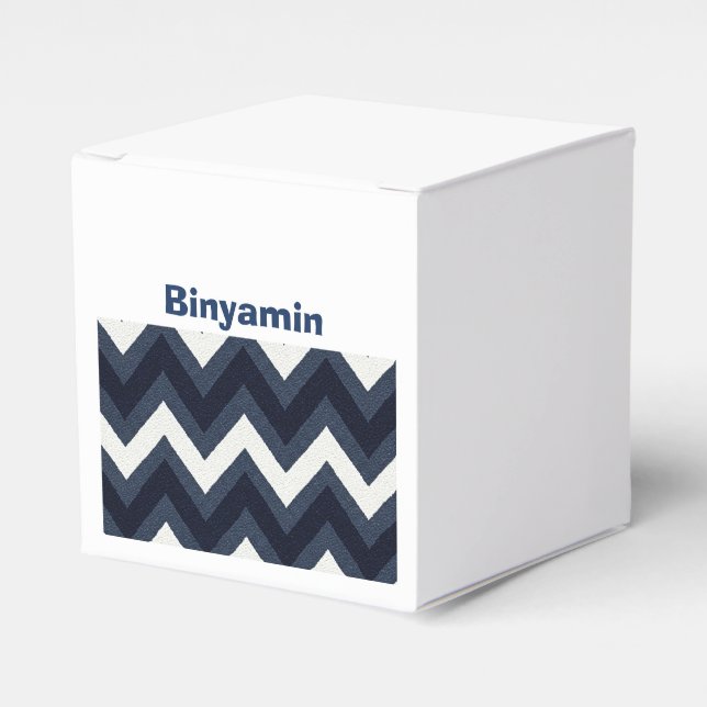 Navy zigzag upsherin favor box With name (Front Side)