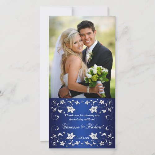 Navyl Blue Silver Floral Wedding Photo Card