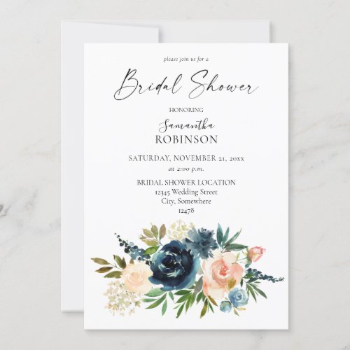 Nayv Dusty Blue  Blush Pink Floral Bridal Shower Invitation