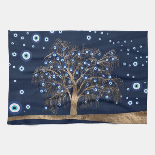 Nazar Charm Tree _ Gold on Dark Blue Kitchen Towel