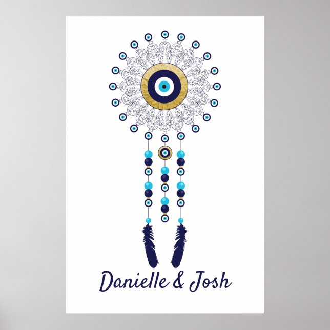 Nazar Evil Eye Mandala Dream Catcher in Gold Blue Poster (Front)