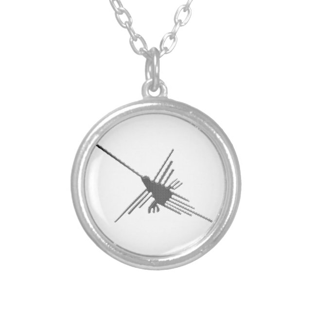 Nazca Lines Hummingbird Newsprint Silver Plated Necklace (Front)