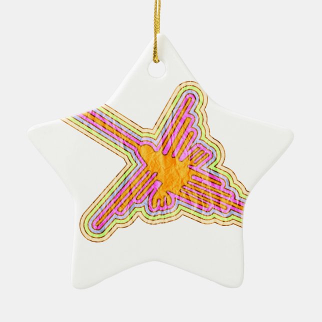 Nazca Lines Hummingbird With Wrinkled Paper Effect Ceramic Ornament (Front)