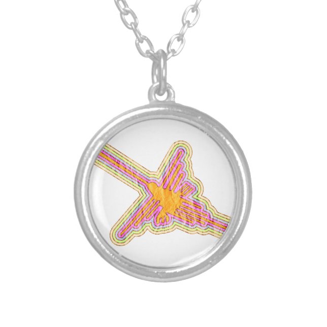 Nazca Lines Hummingbird With Wrinkled Paper Effect Silver Plated Necklace (Front)