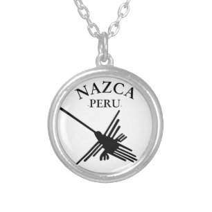 Nazca Peru Hummingbird With Curved Text Silver Plated Necklace