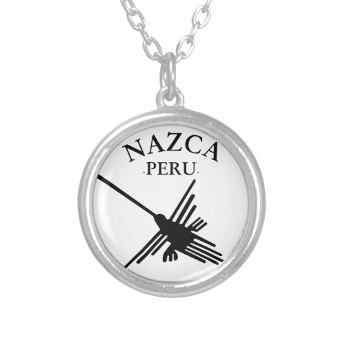 Nazca Peru Hummingbird With Curved Text Silver Plated Necklace