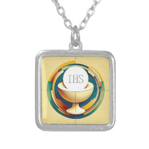NC Communion Host and Chalice Expressionist Effect Silver Plated Necklace