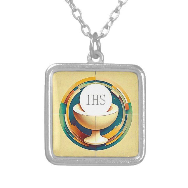 NC Communion Host and Chalice Expressionist Effect Silver Plated Necklace (Front)