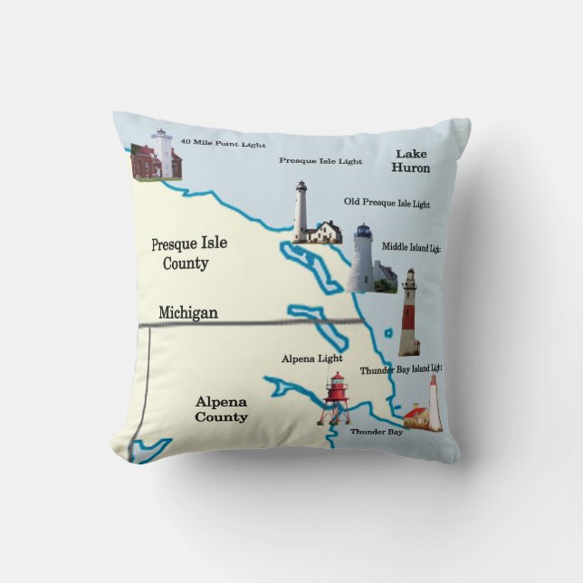 NE Lower Michigan Lighthouses square pillow (Front)