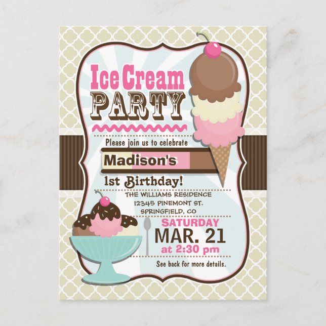 Neapolitan Ice Cream Kid's Birthday Party Invitation Postcard (Front)