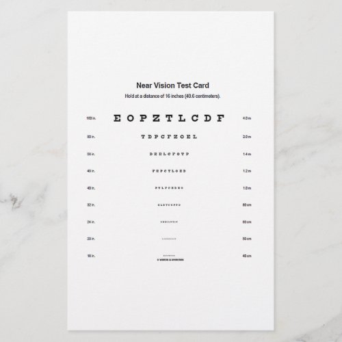 Near Vision Test Card Visual Acuity Exam