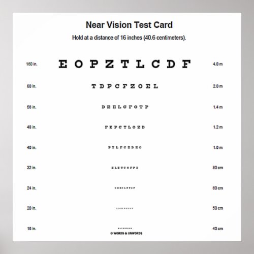Near Vision Test Card Visual Acuity Exam Poster