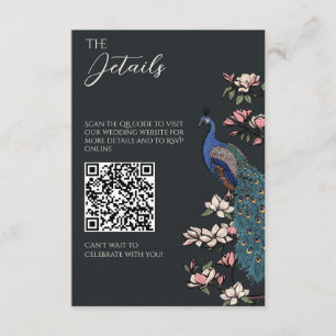 Nearly Black Peacock & Magnolia Wedding QR Enclosure Card