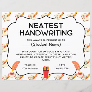 Neatest Handwriting Student Recognition Award