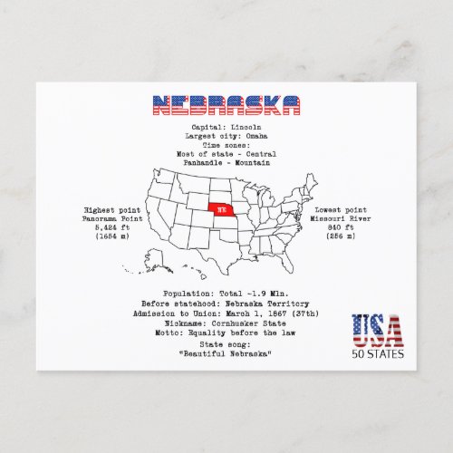 Nebraska American state on a map and useful info Holiday Postcard