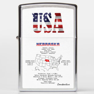 Nebraska American state on a map and useful info Zippo Lighter