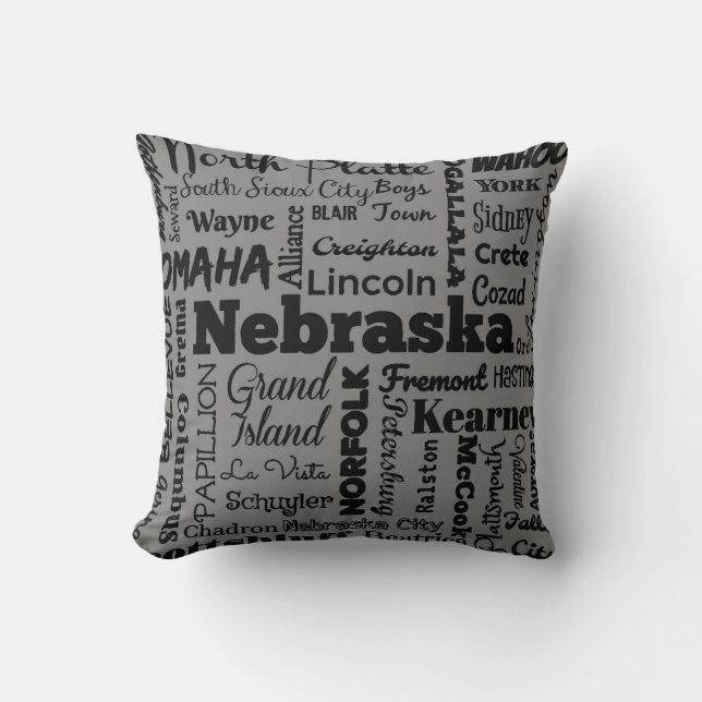 Nebraska cities typography pillow in gray (II) (Front)