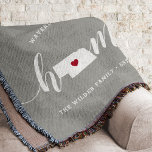 Nebraska Home State Personalized Throw Blanket<br><div class="desc">Show some home state pride with this cute rustic gray throw blanket featuring "home" in white calligraphy script lettering with a silhouette map of the state of Nebraska standing in for the letter "O." A red heart illustration inside the state map completes the design; you can change the position of...</div>