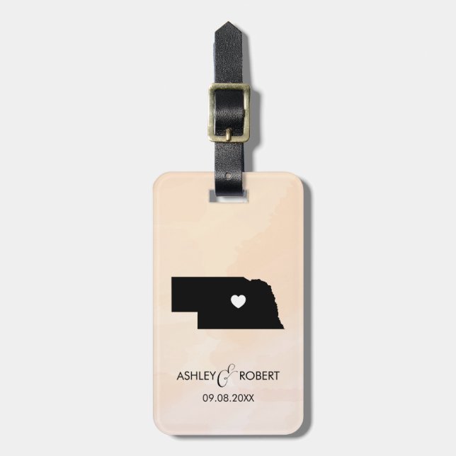 Nebraska Map Wedding Luggage Tag, Couple's Name Tag (Front Vertical)
