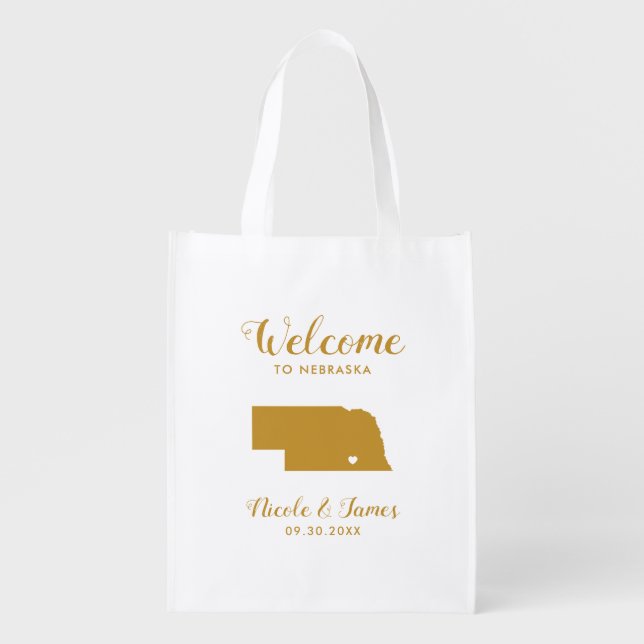 Nebraska Map Wedding Welcome Bag, Gold Tote Bag (Front)