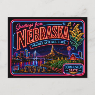 Nebraska Neon State Retro Vintage Postcard