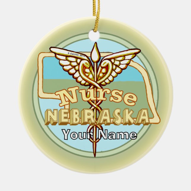 Nebraska Nurse Caduceus Ceramic Ornament (Front)