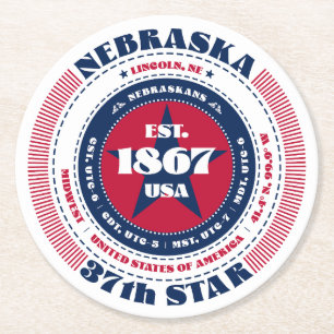 Nebraska Red White Blue Typography Round Paper Coaster