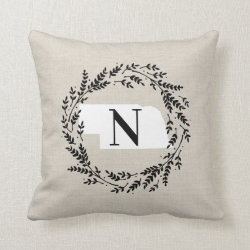 Nebraska Rustic Wreath Monogram Throw Pillow