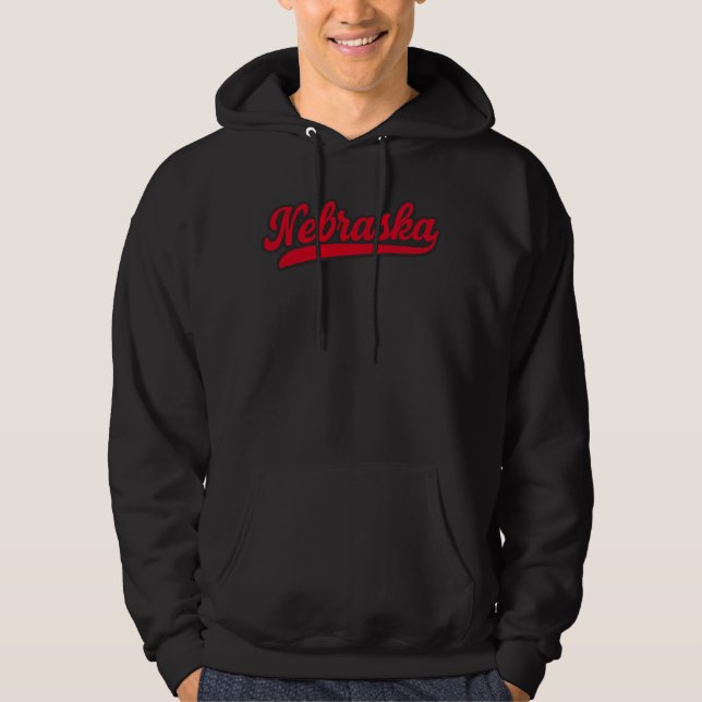 Nebraska Script Logo | Retro Red State Pride Hoodie (Front)