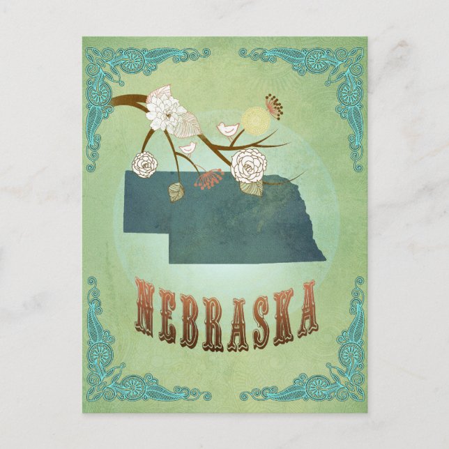 Nebraska State Map – Green Postcard (Front)