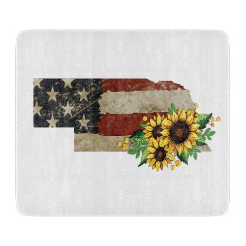 Nebraska State Map US Flag Sunflower Glass Cutting Board