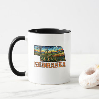 Nebraska Tattoo Style Outline with Cornfields Mug