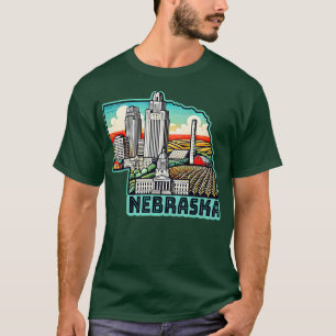 Nebraska USA State Map Skyline with Landmarks T-Shirt