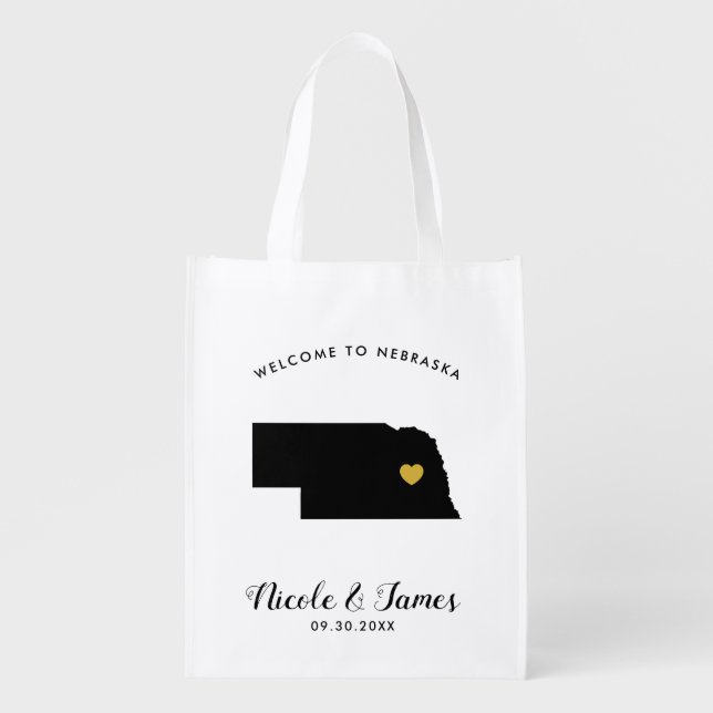 Nebraska Wedding Welcome Bag Black & Gold Tote (Front)