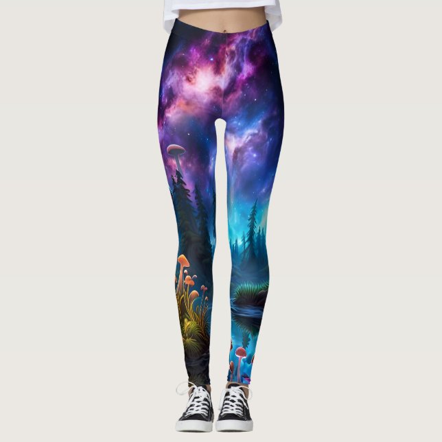 Nebula and Bioluminescent Alien Mushrooms  Leggings (Front)